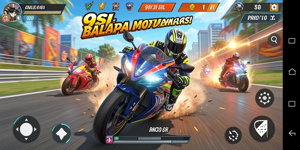 Tampilan gameplay 9SL yang mendebarkan di trek balapan motor.