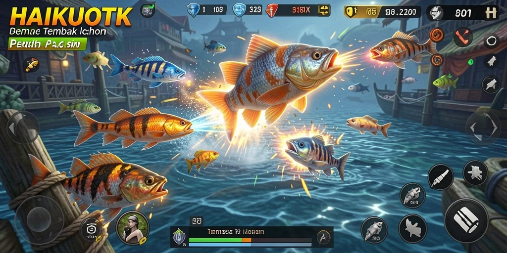 Tampilan gameplay HAIKUOTK dengan berbagai ikan yang bisa ditembak.