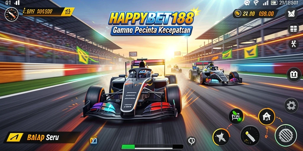 Screenshot gameplay HAPPYBET188 dengan balapan seru dan mobil cepat.