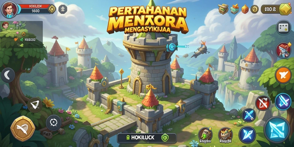 Screenshot gameplay HOKILUCK menampilkan aksi menara bertahan dari serangan musuh.