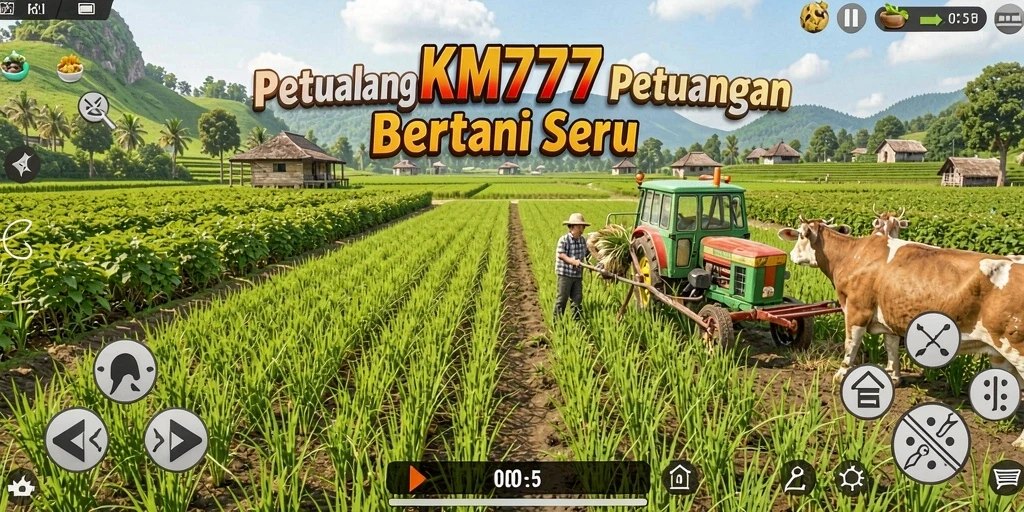 Screenshot gameplay KM777 menampilkan momen seru bertani dan merawat hewan.