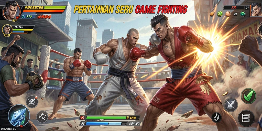 Screenshot PROBET88 menampilkan pertarungan epik antara karakter dengan efek visual menakjubkan.