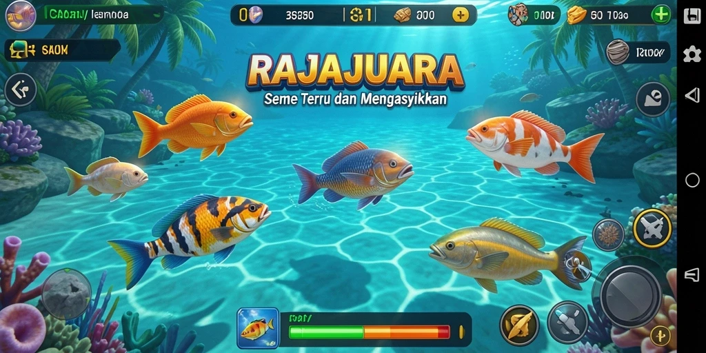 Screenshot gameplay RAJAJUARA menampilkan aksi menangkap ikan yang seru.