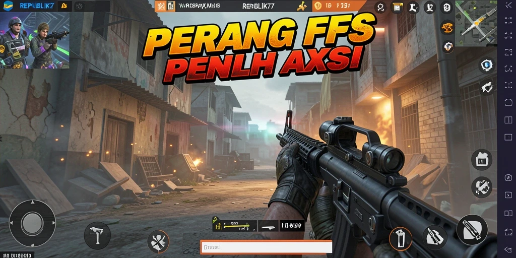 Screenshot utama REPUBLIK77 menampilkan aksi menegangkan dalam pertempuran FPS.
