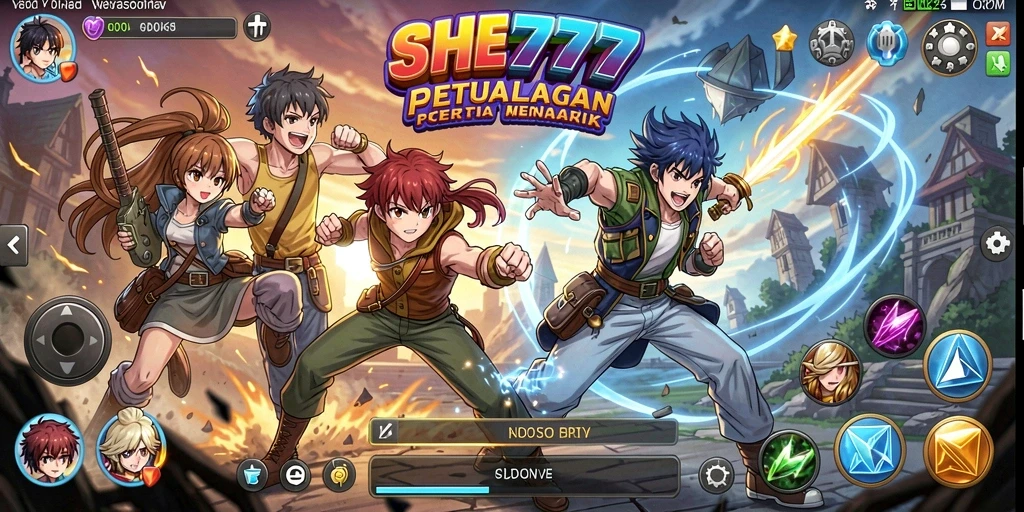 Screenshot utama SHE777 menampilkan karakter Anime dalam pertempuran epik.