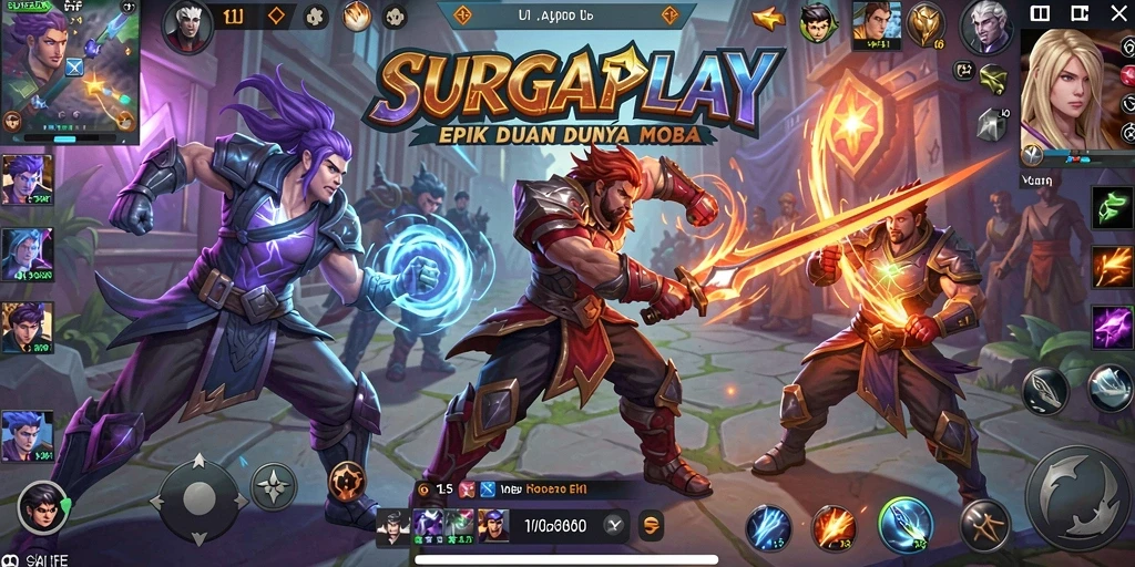 Screenshot menunjukkan pertarungan seru dalam SURGAPLAY MOBA.